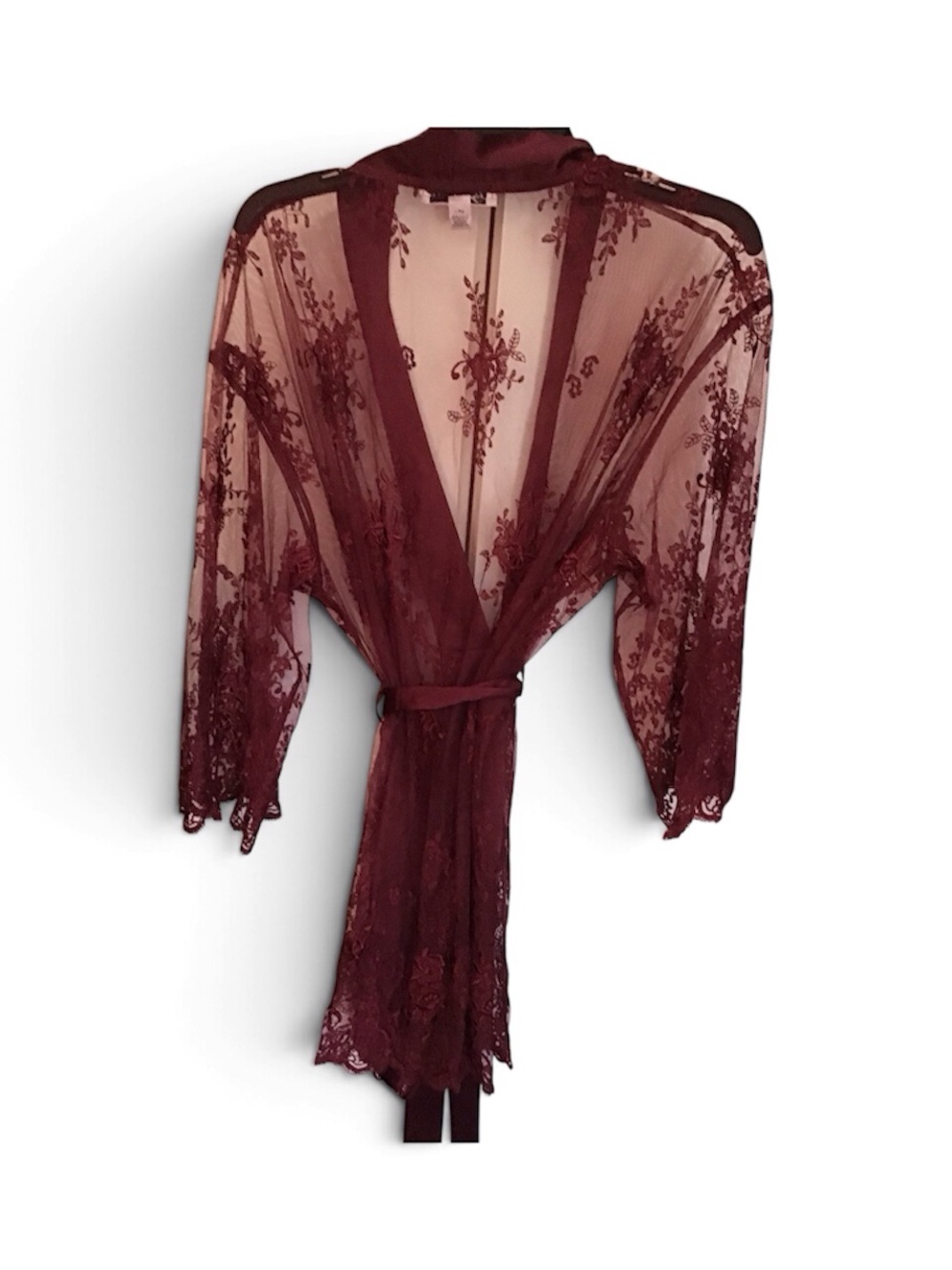 Sheer Floral Lace Kimono Robe in Burgundy